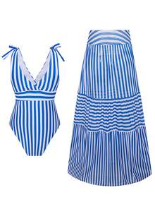 Swim Oasis Bộ đồ 2 mảnh cho kỳ nghỉ hè ở bãi biển dành cho nữ: Áo croptop cổ yếm kẻ sọc xanh trắng và chân váy lưới. - Xanh và trắng - Xem 2