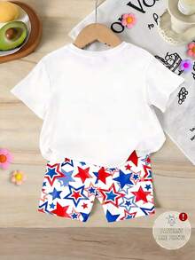 Girls (Small) Cartoon Print Round Neck Short Sleeve T-Shirt And Star Print Shorts Set - Multicolor - View 2