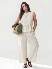 Solavibe Plus Size Women 2 Pieces Set: Sleeveless Top With Ruffle Hem And Pants Beach Formal Vacation Outfits For Woman Beige Summer Elegant - White - View 2