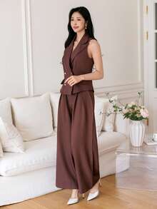 DAZY Women's Summer Casual Solid Color Faux Pocket Vest And Wide Leg Pants 2 Pieces Set - Brown - View 2