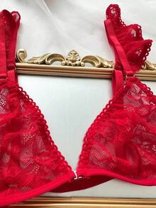 SHEIN 2件套蕾丝性感无钢圈女士内衣套装 - 紅色 - 查看 3