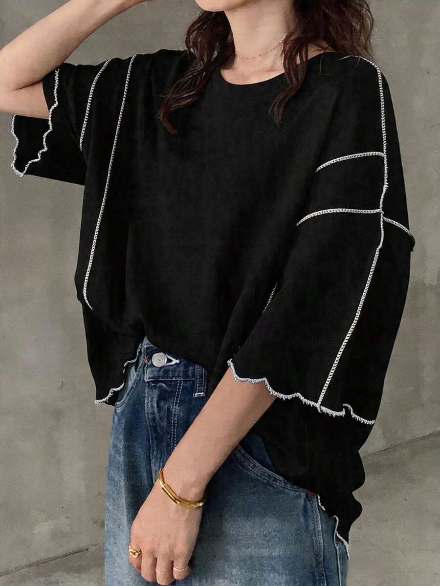 FRIFUL 女款寬鬆休閒對比色條紋圓領落肩上衣,百搭海灘穿搭長袖上衣 - 黑色 - 查看 1