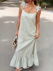 Serisse 女士格子休闲简约连衣裙，适合度假 - 綠色 - 查看 9