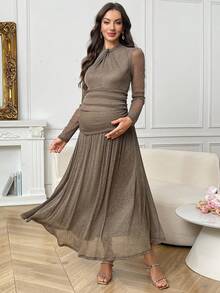 SHEIN Đầm bầu dài tay ôm dáng, màu trơn, kiểu xoắn phía trước, thanh lịch. - Màu be - Xem 9