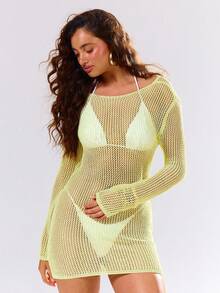 MUSERA 斜领亮片针织长袖露背系带迷你连衣裙 可爱性感 夏季春季假期派对外出 Euphoria - 綠色 - 查看 1