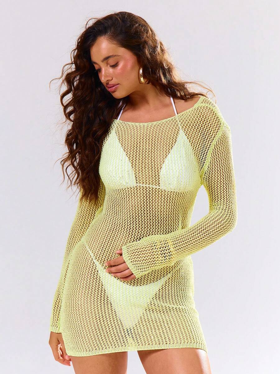 MUSERA 斜领亮片针织长袖露背系带迷你连衣裙 可爱性感 夏季春季假期派对外出 Euphoria - 綠色 - 查看 1