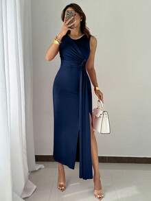 Rafferiza 女士无袖优雅派对串珠装饰连衣裙，夏季长款晚礼服正式礼服 - 藏蓝色 - 查看 8
