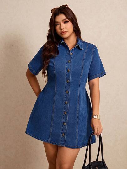 Elaquor 2026 Spring Summer New, Plus Size Women's Casual Daily Commute Single-Breasted Short Sleeve Waist Cinched Denim Dress, Summer Dress, Summer, Summer Outfits, Gold Buckle Decor, Shirts Denim Dress, Short Sleeve, Deep Blue Denim Short Sleeve Shirt Collar Well Fits Denim Mini Dress For Ladies, Suitable For Daily Commute, Office Attire, Party, Holiday Dress, Brunch, Traveling, Work Wear, Plus Size Denim Dress For Women, Casual, Commute-A