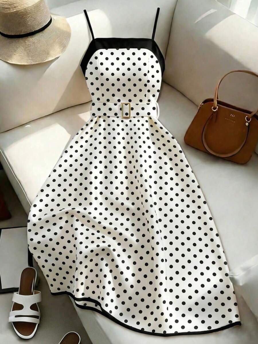 GlowEve CURVE Plus Size Women's Black & White Polka Dot Slip Dress - White - View 1
