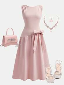 SHEIN Girlism 少女优雅针织拼接无袖纯色连衣裙，饰有蝴蝶结，修身中长款，适合晚宴、褶裥、编织、不对称下摆，派对家庭聚会，粉色 - 粉色 - 查看 1