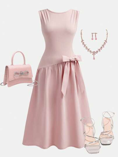 SHEIN Girlism 儿童及青少年女孩优雅针织拼接无袖纯色连衣裙，饰有蝴蝶结，修身中长款，适合晚宴、派对、约会、家庭聚会等场合，粉色