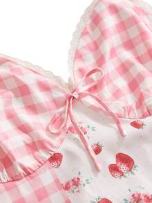 Sweetness Plus Size Cute Pastoral Patchwork Strawberry Plaid Camisole For Holiday - Pink - View 3