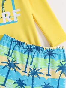 Cozy Pixies 男女宝宝时尚可爱拼接椰树印花长袖防晒泳衣及短裤泳装套装，适合海滩度假游泳 - 黃色 - 查看 5