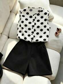 SHEIN LUNE Women's White With Black Polka Dots,Summer,Vintage,Tea Party Sleeveless Round Neck Tank Top & Black Pocket Loose Shorts 2 Pieces Set,Elegant Wear - Black - View 8