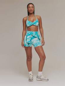 Musera Sport Bộ đồ thể thao gồm áo ngực thể thao không đường may in họa tiết sóng và quần đùi cạp chun nhún, thích hợp cho tập luyện, tập gym, pilates, thể dục, mặc hàng ngày, màu xanh ngọc. - Nhiều màu - Xem 3