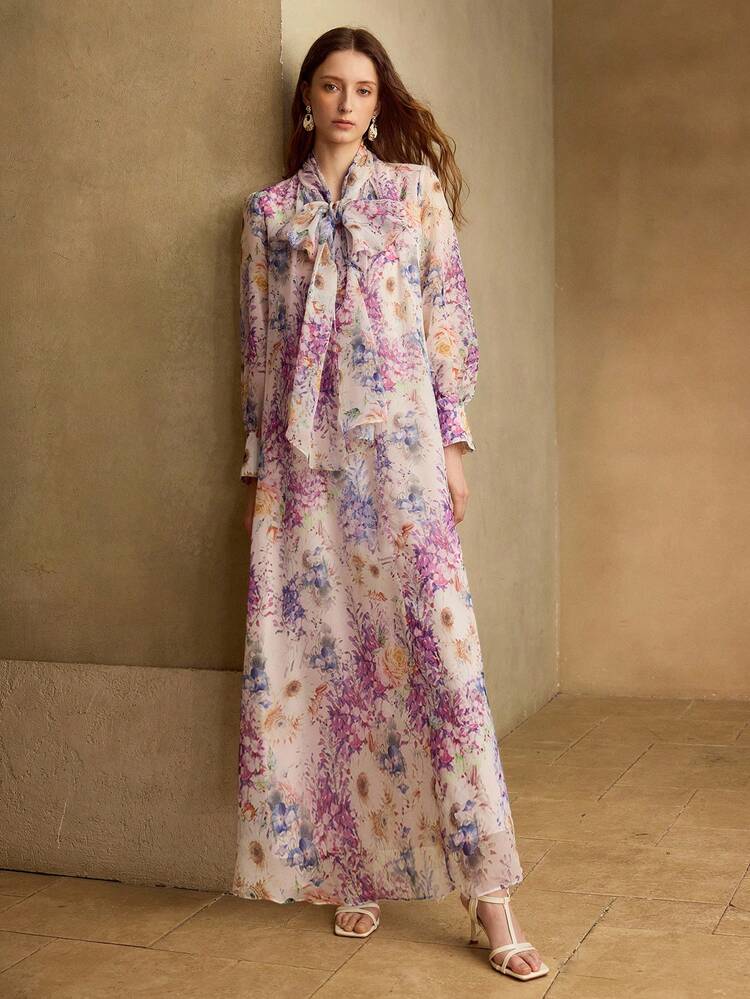 FLORAL PRINT TIE NECK LANTERN SLEEVE DRESS