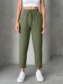 SHEIN PETITE Petite Pants With Drawstring, Slanted Pockets - Army Green - View 5
