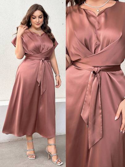 Modelyn Plus Size Solid Color Batwing Sleeve Cross Wrap Belted Dress For Summer, Wedding Guest Dress Long Evening Dresses