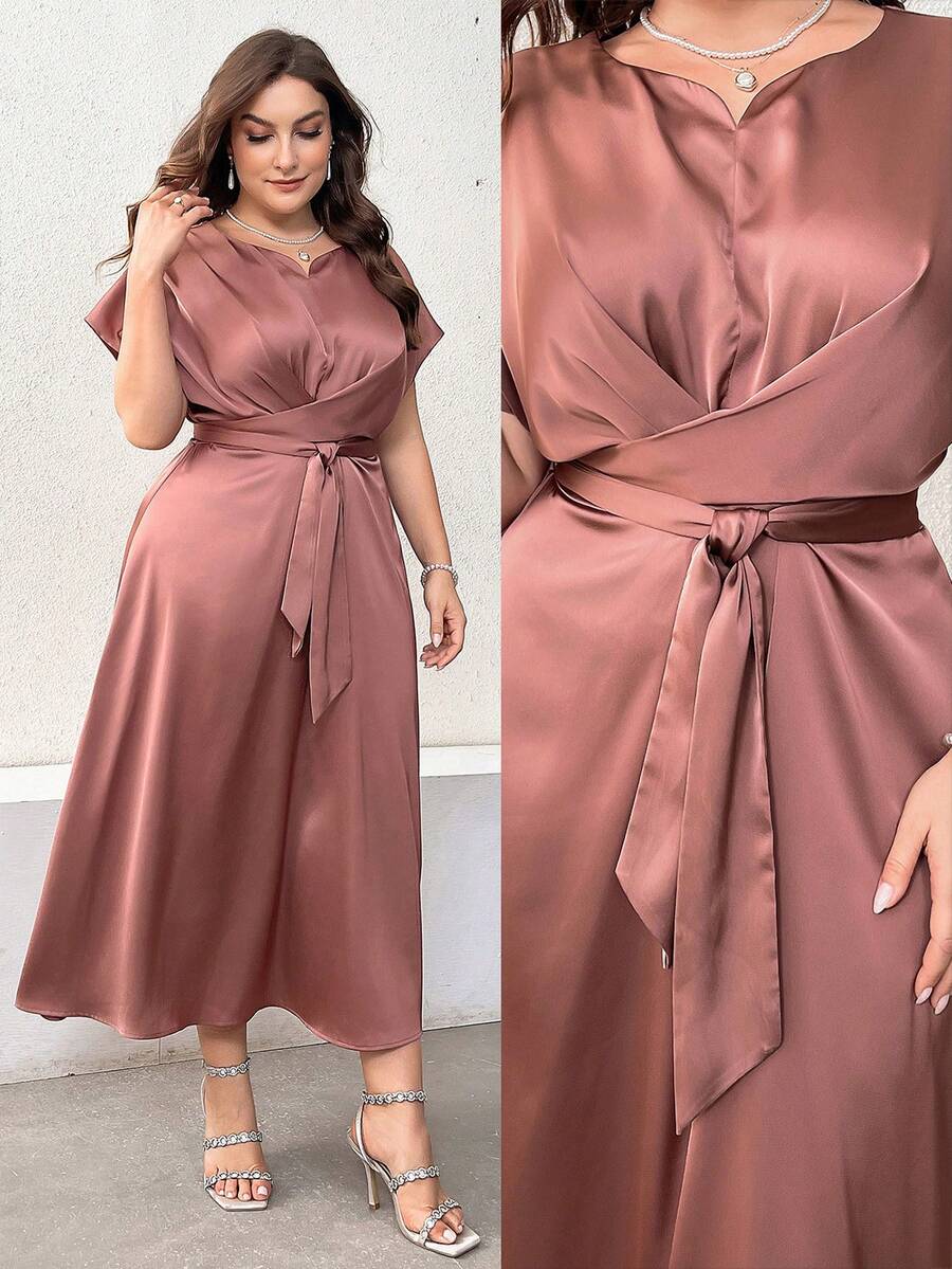 Modelyn 夏季加大码纯色蝙蝠袖交叉裹腰连衣裙，婚礼宾客礼服长款晚礼服