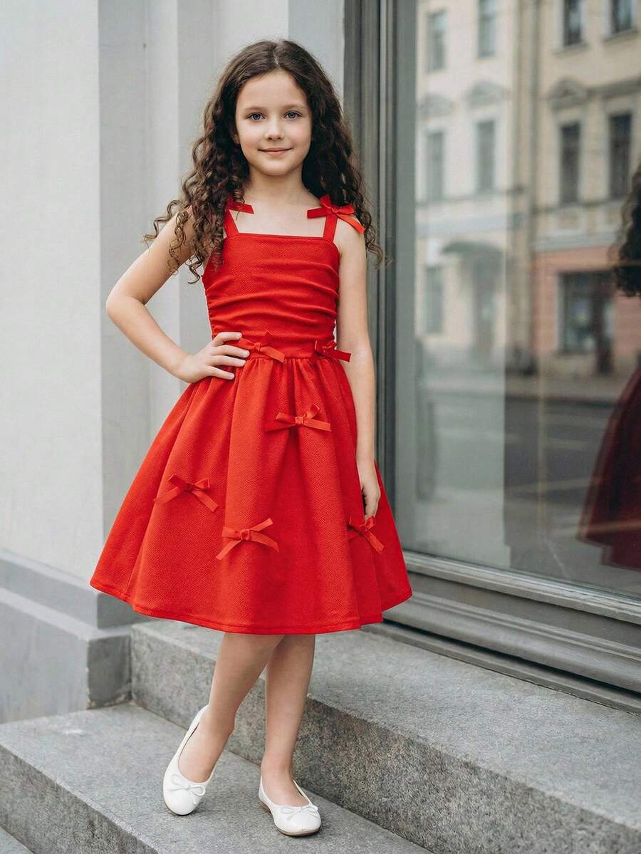 SHEIN Tween Girl Fashion Elegant Solid Color 3D Ribbon Bow Shoulder Ruched Strap Maxi Dress, Suitable For, Party And Events, Spring/Summer New Arrival - Red - View 1