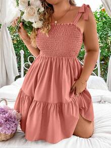 Vionelle Plus Size Women's Summer Beach Vacation Solid Color Shirred Bodice Knotted Shoulder Ruffle Hem Cinched Waist Camisole Dress - Dusty Pink - View 4
