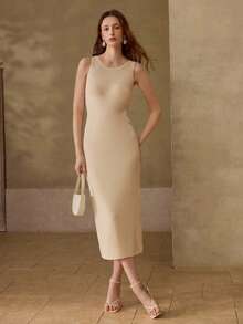 MOTF PREMIUM 圆领修身针织连衣裙，春夏款 - 杏色 - 查看 2