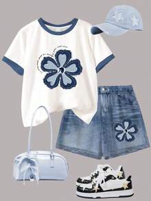 Souflis Souflis [1 Set]4-7 Years Old Girls Summer Blue Floral Print Short-Sleeved T-Shirt+Striped Shorts Set,Matching Holiday Family Vacation Casual Two Pieces Set - Multicolor - View 4