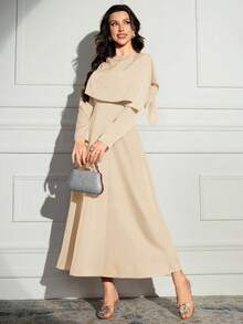 Modelyn Women Long Sleeve Solid Color Long Dress, Simple Fashion Casual Everyday Wear Long Evening Dresses Beige Dress For Women Modest Dress - Yellow - View 4