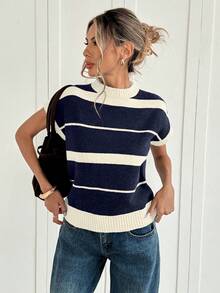 Women's Contrasting Color Striped Knit Blouse - Black and White - View 3