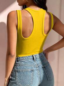 INAWLY Plus Size Fashionable Hollow-Out Solid Color Tight Camisole For Summer - Yellow - View 2