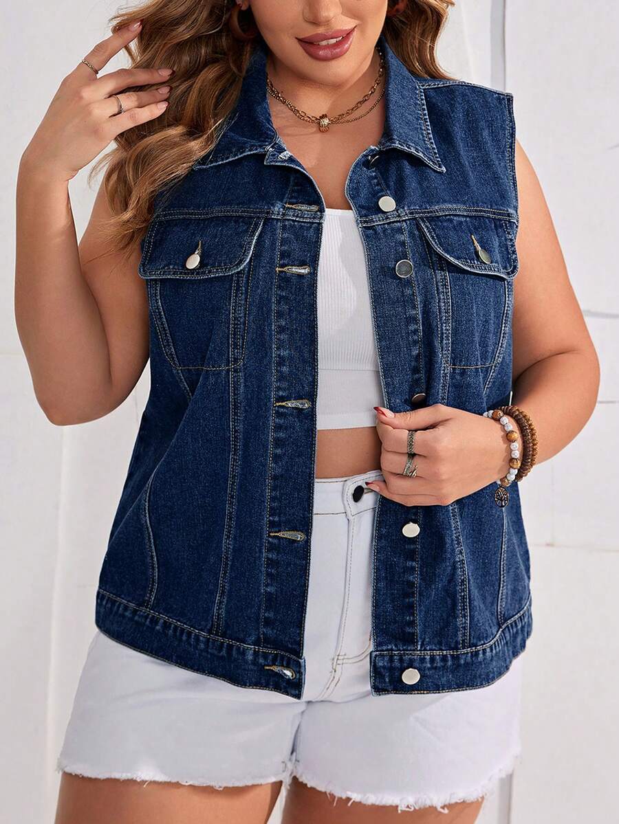Firerie Plus Size Women Casual Single-Breasted Denim Jacket, Versatile For Daily Wear - Dark Wash - View 1