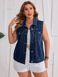 Firerie Plus Size Women Casual Single-Breasted Denim Jacket, Versatile For Daily Wear - Dark Wash - View 4