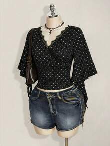 SHEIN ICON Áo thun mùa hè cỡ lớn kiểu dáng thường ngày in chấm bi, viền ren - Nhiều màu - Xem 5
