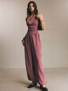 Poéselle Bộ jumpsuit nữ kẻ caro cổ yếm hở lưng, phong cách thường ngày mùa hè. - Đỏ - Xem 7