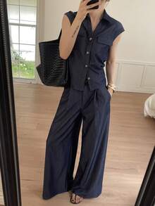 DAZY Women's Casual Commuting Golf Solid Color Flap Pocket Cuffed Sleeve Shirt And Wide Leg Pants 2 Pieces Set, Spring/Summer Lounge Sets For Women Pastal - Navy Blue - View 1