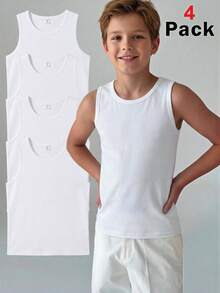 SHEIN (4 Packs)Kids Tween Boy Casual Simple Comfortable Vest, Stylish And Suitable For Spring And Summer - White - View 5