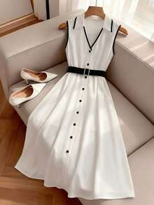 GlowEve Women's Spring/Summer Black And White Sleeveless Collared Contrast Stripe Waist Flared Dress, Suitable For Work Brunch Commute, Minimalist Elegant - Black and White - View 5