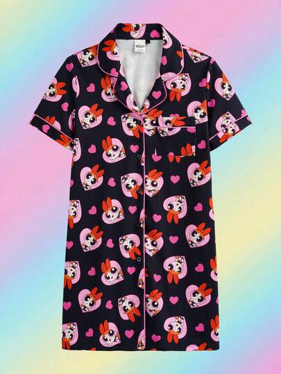 THE POWERPUFF GIRLS X SHEIN 女士卡通印花单排扣休闲睡袍，适合日常穿着