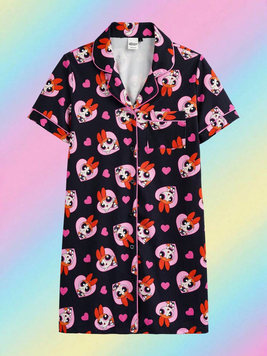 THE POWERPUFF GIRLS X SHEIN 女士卡通印花单排扣休闲睡袍，适合日常穿着 - 黑色 - 查看 1