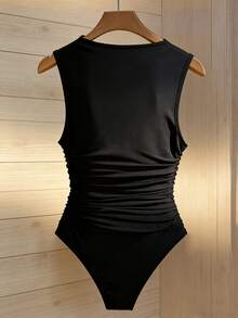 Franclia Mono ajustado con cuello asimétrico, decoración de hebilla metálica y cintura fruncida - Negro - Ver 2