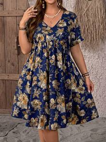 EMERY ROSE Đầm ngắn tay cổ chữ V in hoa cỡ lớn dành cho nữ, thích hợp cho kỳ nghỉ hè. - Màu xanh hải quân - Xem 3