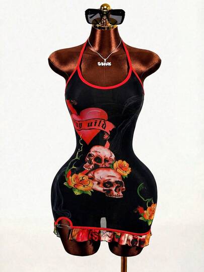 Mistrie Chân váy mini phong cách hip-hop đường phố 2026, kiểu dáng Y2K "gái hư" ôm sát bằng vải lưới với họa tiết đầu lâu và hoa hồng, phù hợp cho thời trang mùa hè của nữ giới trong các buổi đi chơi đường phố và dự tiệc.