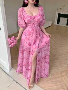 Celisse 春夏新款印花抽绳系结露背荷叶边泡泡袖A字腰雪纺优雅长裙 - 彩色 - 查看 1