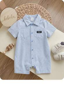 SHEIN 男童/女童休闲运动韩版polo领条纹大口袋短袖连体衣，适合春夏季室内外穿着 - 藍色 - 查看 10