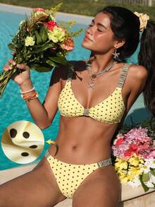 SHEIN Swim Mod Bộ đồ bơi nữ, quần bikini cạp cao màu xanh lá cây với dây đeo dày, gợi cảm và ngọt ngào, đa năng cho kỳ nghỉ biển, mùa xuân/hè, chất liệu vải lưới. - Vàng nhạt - Xem 3