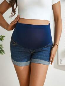SHEIN 孕妇简约深色水洗牛仔短裤 - 深色水洗藍 - 查看 1