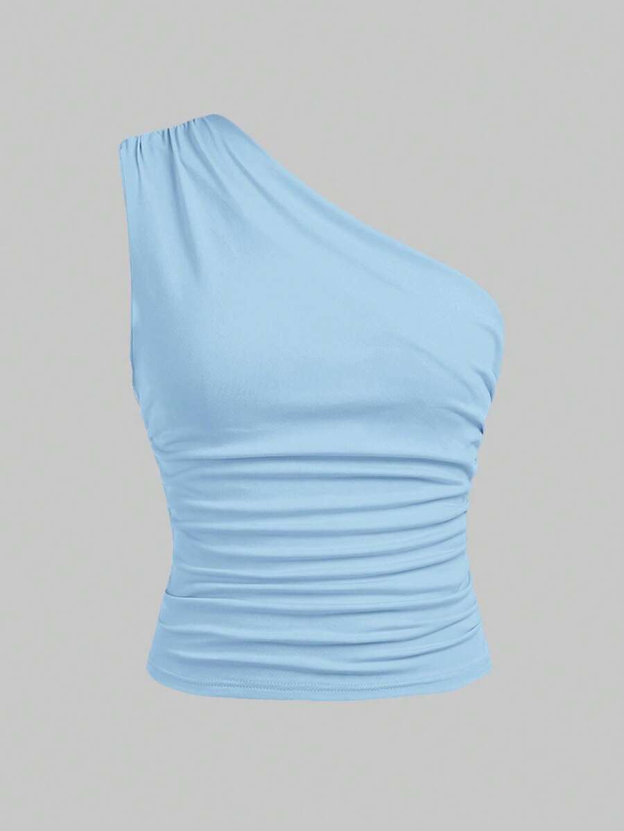 Girlism Teen Girl Solid Color Ruched Casual Asymmetric Neck Camisole - Blue - View 1