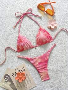 Soleia Set Bikini Halter Motif Bunga untuk Liburan Musim Panas Wanita, Baju Renang Pantai - Berwarna merah muda - View 3