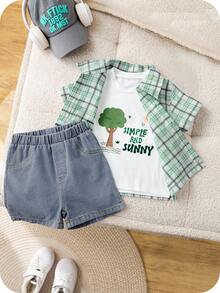 SHEIN Set da 3 pezzi per bambini/bambine, carino set estivo versatile: camicia a maniche corte a quadri, maglietta bianca, pantaloncini di jeans blu - Multicolore - Visualizzare 1