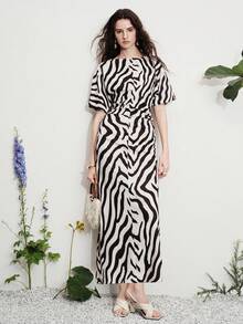 Aveloria Modichic Elegant High-End Black And White Animal Print Zebra Maxi Dress For Women,Summer Chic Holiday Tea Party Vacation,Loose Fit Flutter Sleeve Pleated - Multicolor - View 1